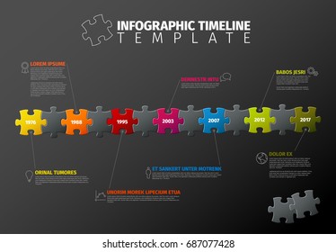 Vectorpuzzle Infografische Timeline-Berichtsvorlage aus bunten Puzzleteilen, Symbolen und Beschreibungstext - dunkle Version