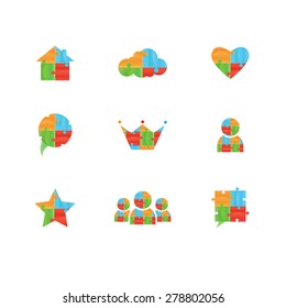 Vector puzzle. Puzzle vector logo design template. Funny Rebus entertainment concept. Colorful logic icon. Construction logo. Differences shape Puzzles