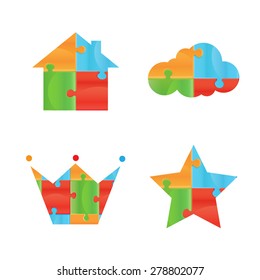 Vector puzzle. Puzzle vector logo design template. Funny Rebus entertainment concept. Colorful logic icon. Construction logo. Differences shape Puzzles
