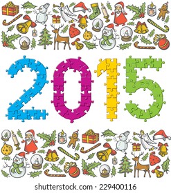 números de quebra-cabeças vetoriais 2015 e objetos de Natal e Ano Novo
