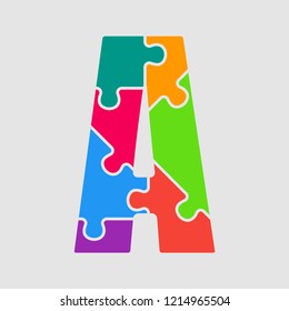 Vector puzzle piece letter - A. Jigsaw font shape of colored, multicolor, colour pieces, parts, tiles. Puzzle type, alphabet, font. Creative toy children of pieces jigsaw. Education symbol.