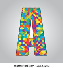 Vector puzzle piece letter - A. Jigsaw font shape of colored, multicolor, colour pieces, parts, tiles. Puzzle type, alphabet, font. Creative toy children of pieces jigsaw. Education symbol.