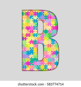 Vector puzzle piece letter - B. Jigsaw font shape of colored, multicolor, colour pieces, parts, tiles. Puzzle type, alphabet, font. Creative toy children of pieces jigsaw. Education symbol.