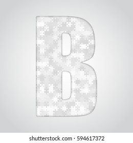 Vector puzzle piece letter - B. Jigsaw font shape of grey white pieces, parts, tiles. Puzzle type, alphabet, font. Creative toy children of pieces jigsaw. Education symbol.