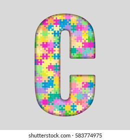 Vector puzzle piece letter - C. Jigsaw font shape of colored, multicolor, colour pieces, parts, tiles. Puzzle type, alphabet, font. Creative toy children of pieces jigsaw. Education symbol.