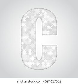 Vector puzzle piece letter - C. Jigsaw font shape of grey white pieces, parts, tiles. Puzzle type, alphabet, font. Creative toy children of pieces jigsaw. Education symbol.