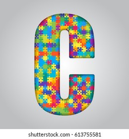 Vector puzzle piece letter - C. Jigsaw font shape of colored, multicolor, colour pieces, parts, tiles. Puzzle type, alphabet, font. Creative toy children of pieces jigsaw. Education symbol.