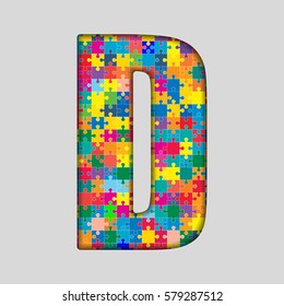 Vector puzzle piece letter - D. Jigsaw font shape of colored, multicolor, colour pieces, parts, tiles. Puzzle type, alphabet, font. Creative toy children of pieces jigsaw. Education symbol.
