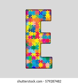Vector puzzle piece letter - E. Jigsaw font shape of colored, multicolor, colour pieces, parts, tiles. Puzzle type, alphabet, font. Creative toy children of pieces jigsaw. Education symbol.