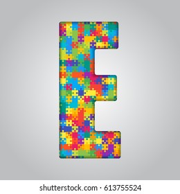 Vector puzzle piece letter - E. Jigsaw font shape of colored, multicolor, colour pieces, parts, tiles. Puzzle type, alphabet, font. Creative toy children of pieces jigsaw. Education symbol.