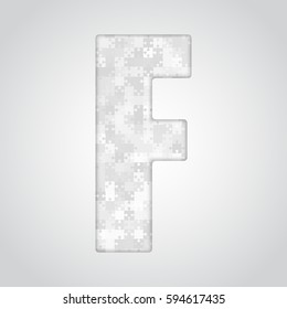 Vector puzzle piece letter - F. Jigsaw font shape of grey white pieces, parts, tiles. Puzzle type, alphabet, font. Creative toy children of pieces jigsaw. Education symbol.