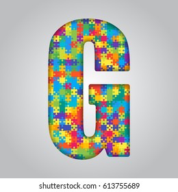 Vector puzzle piece letter - G. Jigsaw font shape of colored, multicolor, colour pieces, parts, tiles. Puzzle type, alphabet, font. Creative toy children of pieces jigsaw. Education symbol.
