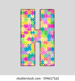 Vector puzzle piece letter - H. Jigsaw font shape of colored, multicolor, colour pieces, parts, tiles. Puzzle type, alphabet, font. Creative toy children of pieces jigsaw. Education symbol.
