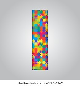 Vector puzzle piece letter - I. Jigsaw font shape of colored, multicolor, colour pieces, parts, tiles. Puzzle type, alphabet, font. Creative toy children of pieces jigsaw. Education symbol.