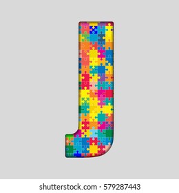 Vector puzzle piece letter - J. Jigsaw font shape of colored, multicolor, colour pieces, parts, tiles. Puzzle type, alphabet, font. Creative toy children of pieces jigsaw. Education symbol.
