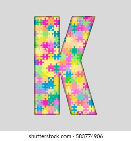 Vector puzzle piece letter - K. Jigsaw font shape of colored, multicolor, colour pieces, parts, tiles. Puzzle type, alphabet, font. Creative toy children of pieces jigsaw. Education symbol.