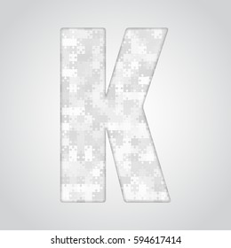 Vector puzzle piece letter - K. Jigsaw font shape of grey white pieces, parts, tiles. Puzzle type, alphabet, font. Creative toy children of pieces jigsaw. Education symbol.