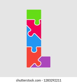 Vector puzzle piece letter - L. Jigsaw font shape of colored, multicolor, colour pieces, parts, tiles. Puzzle type, alphabet, font. Creative toy children of pieces jigsaw. Education symbol.