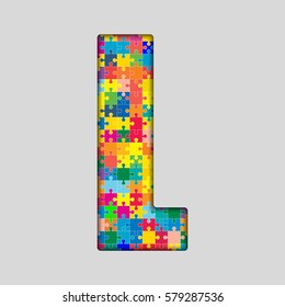 Vector puzzle piece letter - L. Jigsaw font shape of colored, multicolor, colour pieces, parts, tiles. Puzzle type, alphabet, font. Creative toy children of pieces jigsaw. Education symbol.