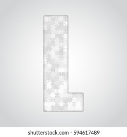 Vector puzzle piece letter - L. Jigsaw font shape of grey white pieces, parts, tiles. Puzzle type, alphabet, font. Creative toy children of pieces jigsaw. Education symbol.