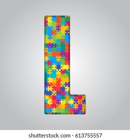 Vector puzzle piece letter - L. Jigsaw font shape of colored, multicolor, colour pieces, parts, tiles. Puzzle type, alphabet, font. Creative toy children of pieces jigsaw. Education symbol.