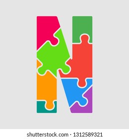 Vector puzzle piece letter - M. Jigsaw font shape of colored, multicolor, colour pieces, parts, tiles. Puzzle type, alphabet, font. Creative toy children of pieces jigsaw. Education symbol.
