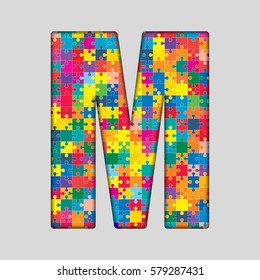 Vector puzzle piece letter - M. Jigsaw font shape of colored, multicolor, colour pieces, parts, tiles. Puzzle type, alphabet, font. Creative toy children of pieces jigsaw. Education symbol.