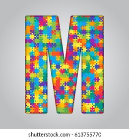 Vector puzzle piece letter - M. Jigsaw font shape of colored, multicolor, colour pieces, parts, tiles. Puzzle type, alphabet, font. Creative toy children of pieces jigsaw. Education symbol.