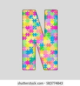 Vector puzzle piece letter - N. Jigsaw font shape of colored, multicolor, colour pieces, parts, tiles. Puzzle type, alphabet, font. Creative toy children of pieces jigsaw. Education symbol.