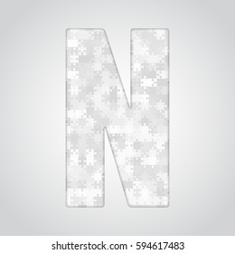 Vector puzzle piece letter - N. Jigsaw font shape of grey white pieces, parts, tiles. Puzzle type, alphabet, font. Creative toy children of pieces jigsaw. Education symbol.