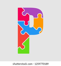 Vector puzzle piece letter - P. Jigsaw font shape of colored, multicolor, colour pieces, parts, tiles. Puzzle type, alphabet, font. Creative toy children of pieces jigsaw. Education symbol.