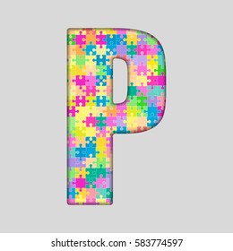 Vector puzzle piece letter - P. Jigsaw font shape of colored, multicolor, colour pieces, parts, tiles. Puzzle type, alphabet, font. Creative toy children of pieces jigsaw. Education symbol.