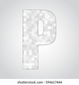 Vector puzzle piece letter - P. Jigsaw font shape of grey white pieces, parts, tiles. Puzzle type, alphabet, font. Creative toy children of pieces jigsaw. Education symbol.