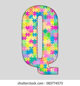 Vector puzzle piece letter - Q. Jigsaw font shape of colored, multicolor, colour pieces, parts, tiles. Puzzle type, alphabet, font. Creative toy children of pieces jigsaw. Education symbol.