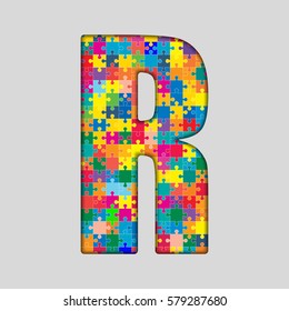 Vector puzzle piece letter - R. Jigsaw font shape of colored, multicolor, colour pieces, parts, tiles. Puzzle type, alphabet, font. Creative toy children of pieces jigsaw. Education symbol.