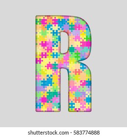 Vector puzzle piece letter - R. Jigsaw font shape of colored, multicolor, colour pieces, parts, tiles. Puzzle type, alphabet, font. Creative toy children of pieces jigsaw. Education symbol.