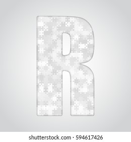 Vector puzzle piece letter - R. Jigsaw font shape of grey white pieces, parts, tiles. Puzzle type, alphabet, font. Creative toy children of pieces jigsaw. Education symbol.