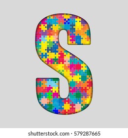Vector puzzle piece letter - S. Jigsaw font shape of colored, multicolor, colour pieces, parts, tiles. Puzzle type, alphabet, font. Creative toy children of pieces jigsaw. Education symbol.