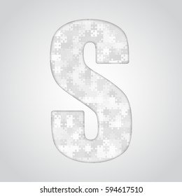 Vector puzzle piece letter - S. Jigsaw font shape of grey white pieces, parts, tiles. Puzzle type, alphabet, font. Creative toy children of pieces jigsaw. Education symbol.