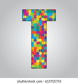 Vector puzzle piece letter - T. Jigsaw font shape of colored, multicolor, colour pieces, parts, tiles. Puzzle type, alphabet, font. Creative toy children of pieces jigsaw. Education symbol.