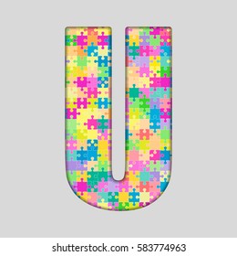 Vector puzzle piece letter - U. Jigsaw font shape of colored, multicolor, colour pieces, parts, tiles. Puzzle type, alphabet, font. Creative toy children of pieces jigsaw. Education symbol.