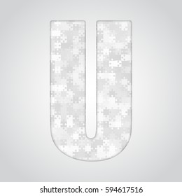 Vector puzzle piece letter - U. Jigsaw font shape of grey white pieces, parts, tiles. Puzzle type, alphabet, font. Creative toy children of pieces jigsaw. Education symbol.
