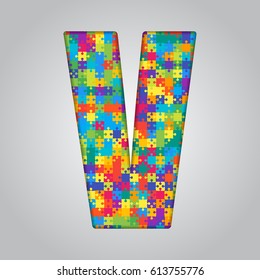 Vector puzzle piece letter - V. Jigsaw font shape of colored, multicolor, colour pieces, parts, tiles. Puzzle type, alphabet, font. Creative toy children of pieces jigsaw. Education symbol.