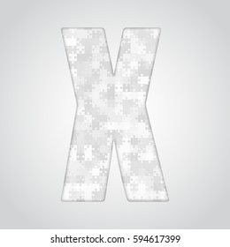 Vector puzzle piece letter - X. Jigsaw font shape of grey white pieces, parts, tiles. Puzzle type, alphabet, font. Creative toy children of pieces jigsaw. Education symbol.