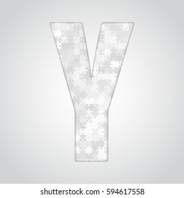 Vector puzzle piece letter - Y. Jigsaw font shape of grey white pieces, parts, tiles. Puzzle type, alphabet, font. Creative toy children of pieces jigsaw. Education symbol.