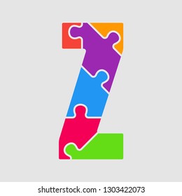Vector puzzle piece letter - Z. Jigsaw font shape of colored, multicolor, colour pieces, parts, tiles. Puzzle type, alphabet, font. Creative toy children of pieces jigsaw. Education symbol.