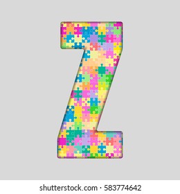 Vector puzzle piece letter - Z. Jigsaw font shape of colored, multicolor, colour pieces, parts, tiles. Puzzle type, alphabet, font. Creative toy children of pieces jigsaw. Education symbol.