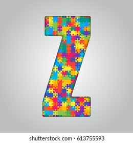 Vector puzzle piece letter - Z. Jigsaw font shape of colored, multicolor, colour pieces, parts, tiles. Puzzle type, alphabet, font. Creative toy children of pieces jigsaw. Education symbol.