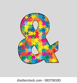 Vector puzzle piece sign ampersand mark. Jigsaw font shape of colored, multicolor, colour pieces, parts, tiles. Puzzle type alphabet font. Toy children of pieces jigsaw. Alarm, attention, error.