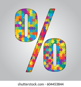 Vector puzzle piece sign commercial percent. Jigsaw font shape of colored, multicolor, colour pieces, parts, tiles. Puzzle type, alphabet, font. Toy children of pieces jigsaw. Store, retail, credit.